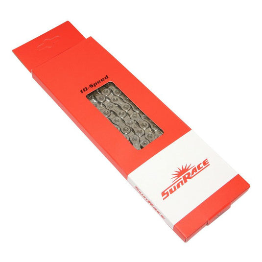Chaîne Sunrace 10 vitesses CN10A Argent Hollow Pin 116 Ma Shim/Sram/Campa Route/VTT